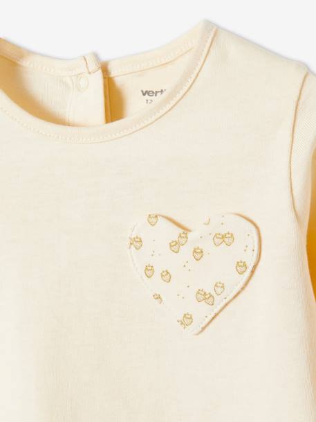 Top with Heart Pocket & Strawberries, for Baby Girls BEIGE LIGHT SOLID WITH DESIGN 