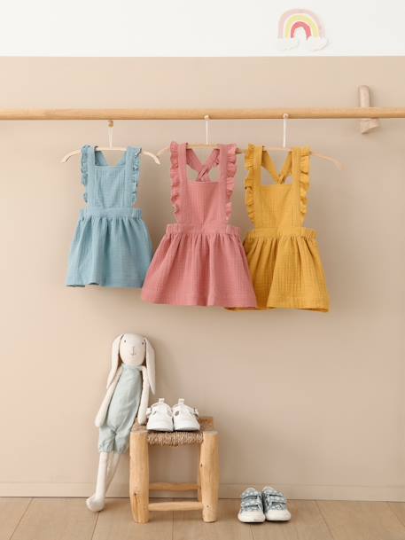Dungaree Dress in Cotton Gauze, for Babies Pink 