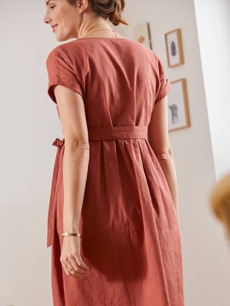 Long, Wrapover Dress in Linen & Cotton, Maternity & Nursing Special RED MEDIUM SOLID 