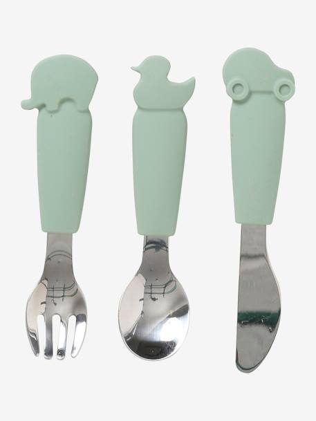3 Cutlery Set in Silicone & Stainless Steel, for Children BROWN LIGHT SOLID+GREEN LIGHT SOLID 