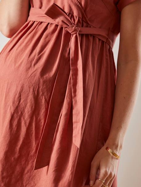 Long, Wrapover Dress in Linen & Cotton, Maternity & Nursing Special RED MEDIUM SOLID 