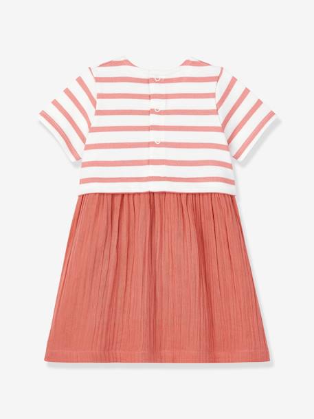 Dual Fabric Dress in Cotton Gauze and Thick Organic Jersey Knit for Babies, by PETIT BATEAU RED MEDIUM SOLID WITH DESIG 