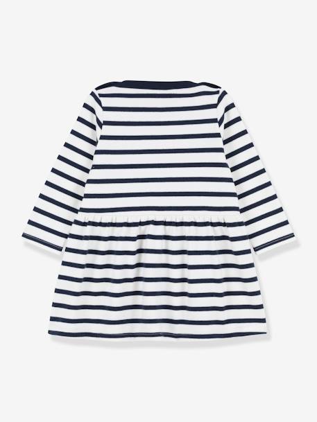 Iconic Long Sleeve Dress in Thick Organic Cotton Jersey Knit for Babies, by PETIT BATEAU WHITE MEDIUM STRIPED 