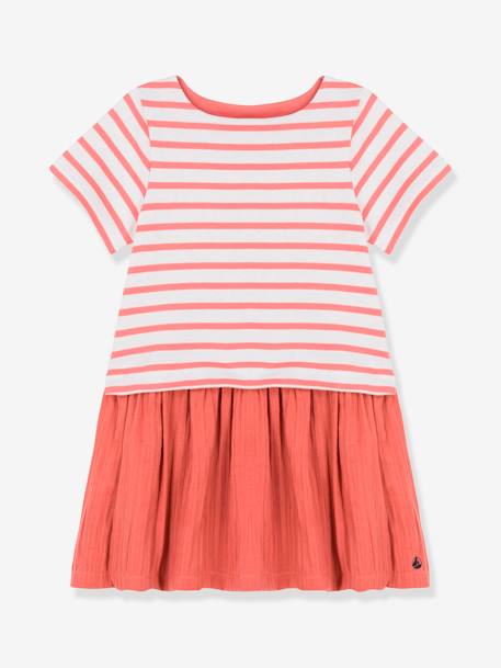 Short Sleeve Dress in Jersey Knit and Organic Cotton Gauze, by PETIT BATEAU RED LIGHT STRIPED 