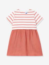Baby-Dresses & Skirts-Dual Fabric Dress in Cotton Gauze and Thick Organic Jersey Knit for Babies, by PETIT BATEAU