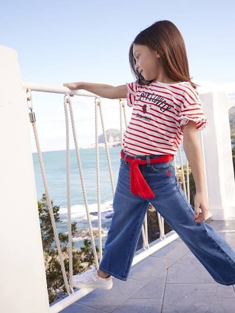 Striped T-Shirt, Sequinned Heart, for Girls WHITE MEDIUM STRIPED 