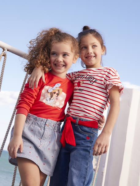 Striped T-Shirt, Sequinned Heart, for Girls WHITE MEDIUM STRIPED 