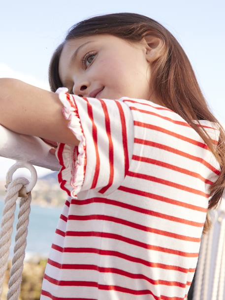 Striped T-Shirt, Sequinned Heart, for Girls WHITE MEDIUM STRIPED 