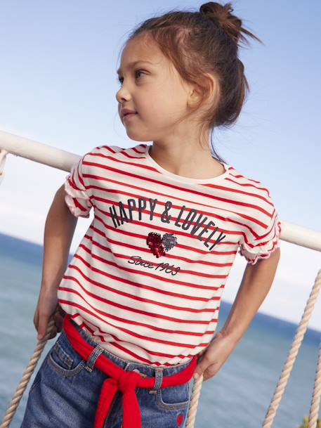 Striped T-Shirt, Sequinned Heart, for Girls WHITE MEDIUM STRIPED 