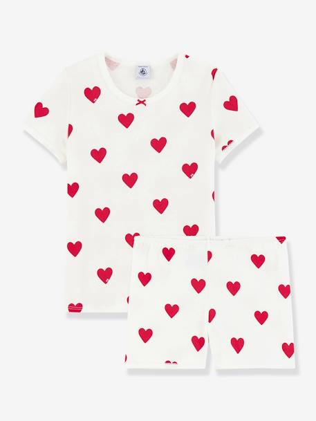 Short Sleeve Heart Pyjamas in Organic Cotton for Girls, by Petit Bateau WHITE LIGHT ALL OVER PRINTED 