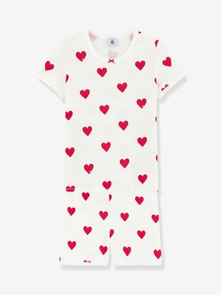 Short Sleeve Heart Pyjamas in Organic Cotton for Girls, by Petit Bateau WHITE LIGHT ALL OVER PRINTED 