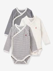 Set of 3 Long Sleeve Wrapover Bodysuits, Striped, for Newborn Babies, in Organic Cotton, by Petit Bateau