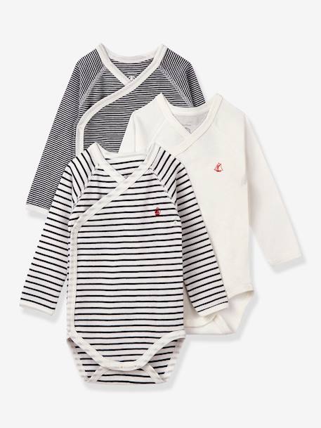 Set of 3 Long Sleeve Wrapover Bodysuits, Striped, for Newborn Babies, in Organic Cotton, by Petit Bateau BLUE MEDIUM TWO COLOR/MULTICOL 