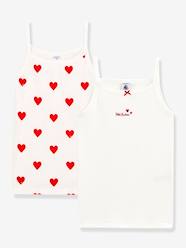 Girls-Underwear-Pack of 2 Strappy Cotton Vests with Hearts, for Girls - Petit Bateau