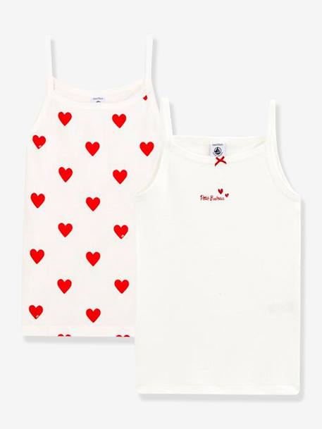Pack of 2 Strappy Cotton Vests with Hearts, for Girls - Petit Bateau WHITE LIGHT ALL OVER PRINTED 