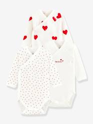 Baby-Bodysuits & Sleepsuits-Set of 3 Long Sleeve Wrapover Bodysuits with Hearts in Organic Cotton for Newborn Babies, by Petit Bateau