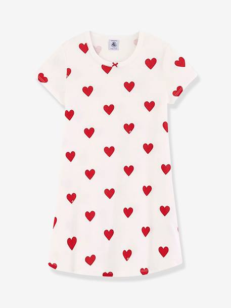 'Hearts' Nightie in Organic Cotton for Girls, by Petit Bateau WHITE LIGHT ALL OVER PRINTED 