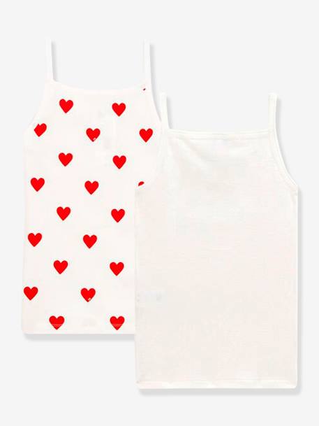 Pack of 2 Strappy Cotton Vests with Hearts, for Girls - Petit Bateau WHITE LIGHT ALL OVER PRINTED 