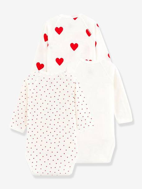 Set of 3 Long Sleeve Wrapover Bodysuits with Hearts in Organic Cotton for Newborn Babies, by Petit Bateau WHITE LIGHT TWO COLOR/MULTICOL 