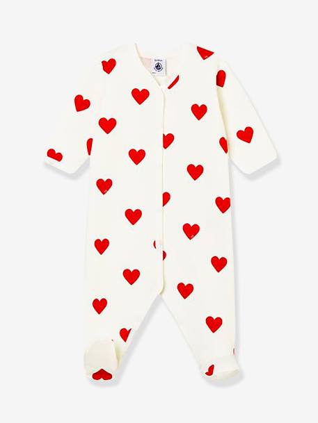 Baby Sleepsuit with Hearts, in Fleece, Petit Bateau WHITE LIGHT ALL OVER PRINTED 