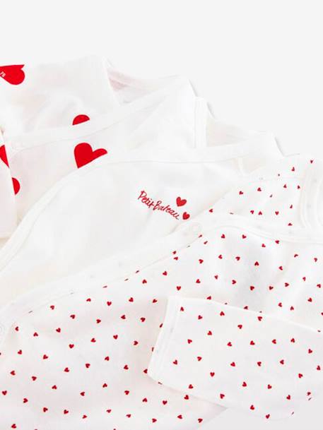 Set of 3 Long Sleeve Wrapover Bodysuits with Hearts in Organic Cotton for Newborn Babies, by Petit Bateau WHITE LIGHT TWO COLOR/MULTICOL 