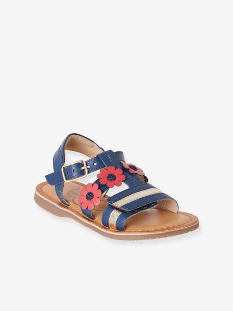 Leather Sandals for Girls, Designed for Autonomy BLUE DARK SOLID WITH DESIGN+BROWN LIGHT SOLID WITH DESIGN 