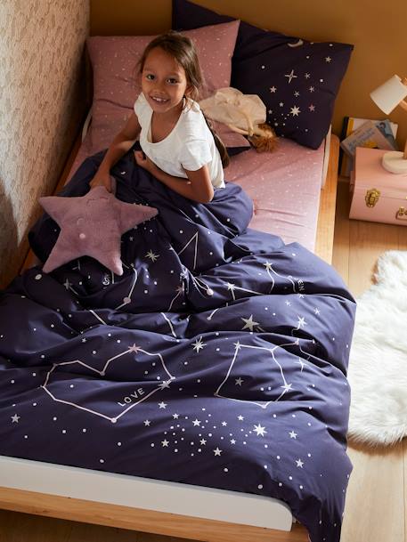 Duvet Cover + Pillowcase Set with Glow-in-the-Dark Details, Miss Constellation Dark Blue 