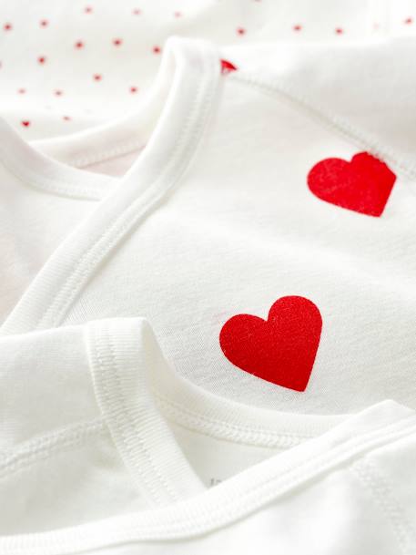 Set of 3 Short Sleeve Wrapover Bodysuits with Hearts in Organic Cotton for Newborn Babies, by Petit Bateau WHITE LIGHT TWO COLOR/MULTICOL 
