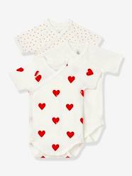 Baby-Bodysuits & Sleepsuits-Set of 3 Short Sleeve Wrapover Bodysuits with Hearts in Organic Cotton for Newborn Babies, by Petit Bateau