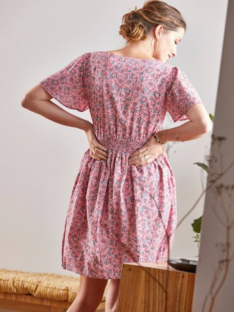 Short Dress in Printed Crêpe, Maternity & Nursing Special PINK LIGHT ALL OVER PRINTED+WHITE LIGHT ALL OVER PRINTED 