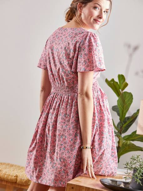 Short Dress in Printed Crêpe, Maternity & Nursing Special PINK LIGHT ALL OVER PRINTED+WHITE LIGHT ALL OVER PRINTED 