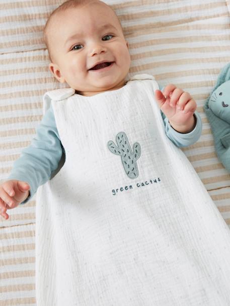 Summer Special Baby Sleep Bag in Organic Cotton* Gauze, Cactus WHITE LIGHT ALL OVER PRINTED 
