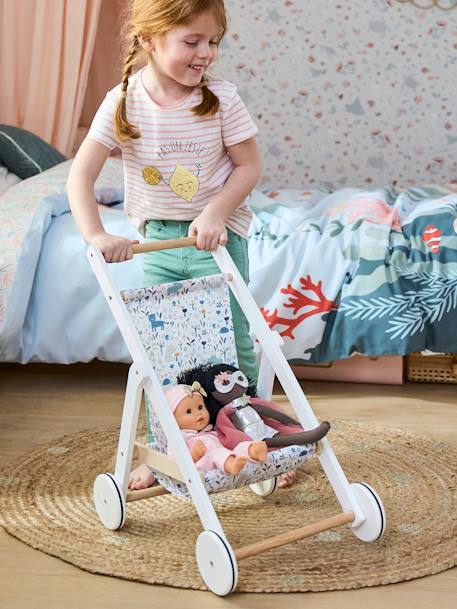 Wooden Pushchair for Dolls - Wood FSC® Certified Blue+Wood/White 