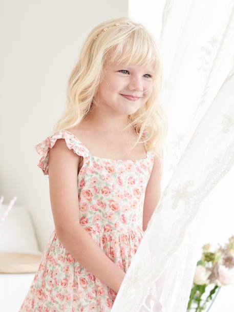 Floral Special Occasion Dress, Ruffle on the Straps WHITE LIGHT ALL OVER PRINTED 