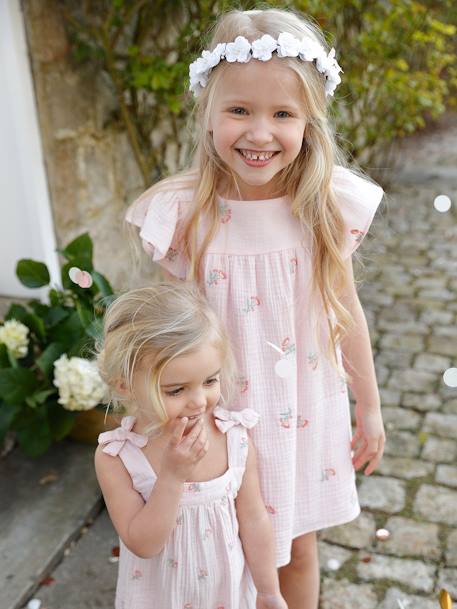 Embroidered Dress in Cotton Gauze for Girls PINK LIGHT ALL OVER PRINTED 