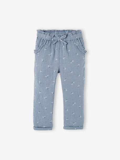 Cropped Cotton Gauze Trousers with Floral Print, for Girls anthracite+BLUE MEDIUM ALL OVER PRINTED+coral 