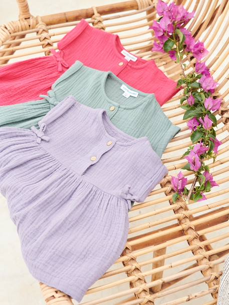 Dress in Cotton Gauze for Babies GREEN MEDIUM SOLID+ochre 