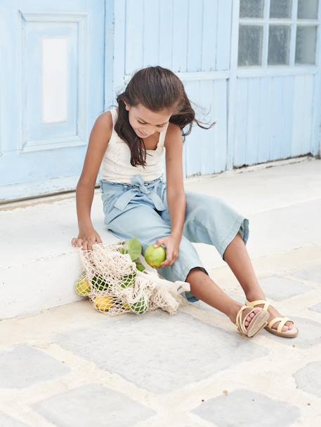 Wide, Cropped Paperbag-Type Trousers in Lightweight Denim, for Girls Light Denim Blue 