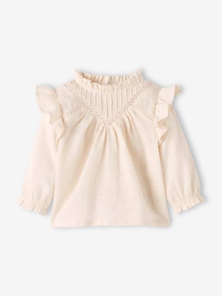 Frilly Blouse in Slub Fabric for Babies BEIGE LIGHT SOLID+rosy 