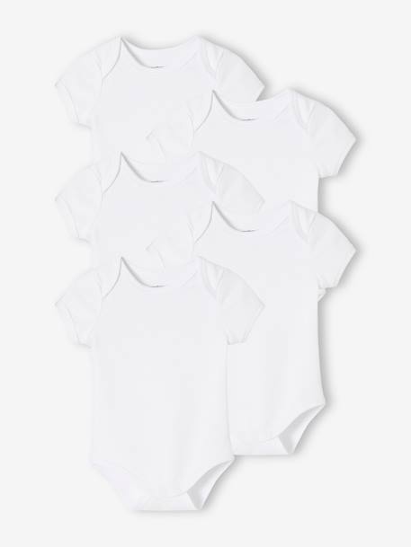 Pack of 5 Short Sleeve Bodysuits in Interlock Knit, Full-Length Opening, for Babies WHITE LIGHT TWO COLOR/MULTICOL 