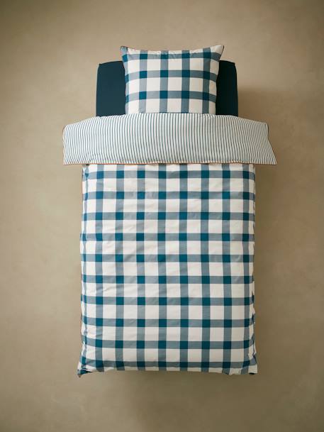 Children's Duvet Cover + Pillowcase Set, Checks BLUE DARK ALL OVER PRINTED 