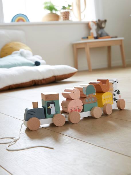 Wooden Pull-Along Train with Several Activities - FSC® Certified BEIGE LIGHT SOLID WITH DESIGN 