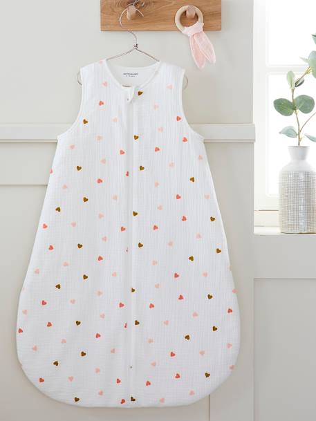 Summer Special Baby Sleep Bag in Cotton Gauze, with opening in the middle, Small Hearts WHITE LIGHT ALL OVER PRINTED 
