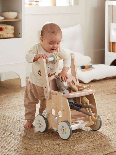 Walker with Seat for Doll, in FSC®100% Wood green+pink 
