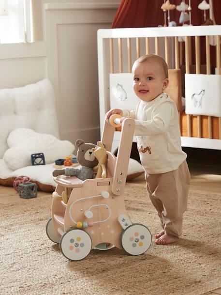 Walker with Seat for Doll, in FSC®100% Wood green+pink 