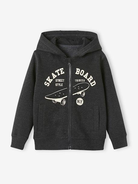 Zipped Jacket with Hood, Skateboard Motif, for Boys BLACK DARK MIXED COLOR+BLUE DARK MIXED COLOR+BLUE DARK SOLID WITH DESIGN+grey blue+marl white 