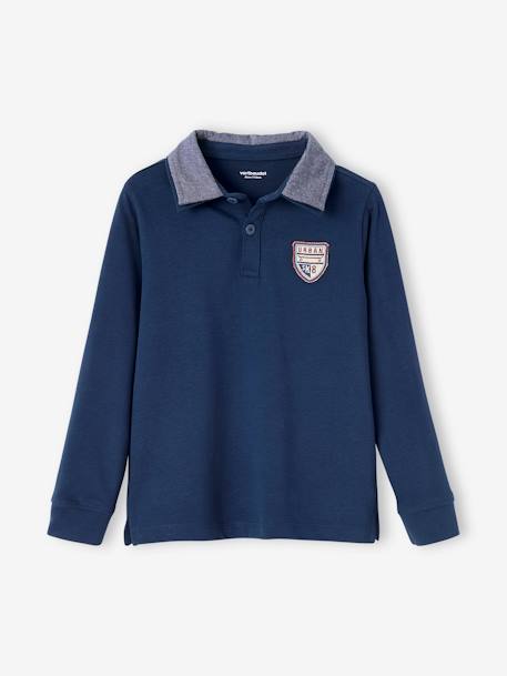 Polo Shirt with Chambray Collar + Patch, for Boys BLUE BRIGHT SOLID WITH DESIGN+RED DARK SOLID WITH DESIGN 