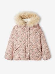 -Short Padded Jacket with Hood & Flower Print for Girls