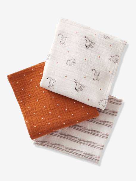 Pack of 3 Organic* Cotton Gauze Squares, Little Nomad WHITE LIGHT ALL OVER PRINTED 