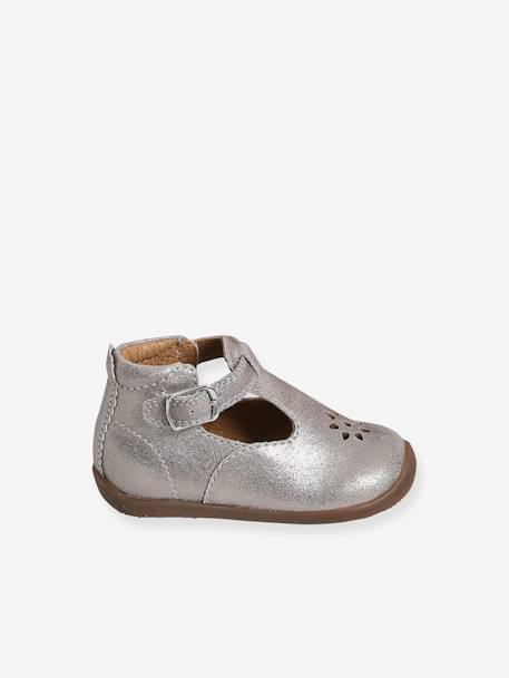 T-Strap Shoes in Glittery Leather for Baby Girls, Designed for First Steps BROWN MEDIUM METALLIZED 